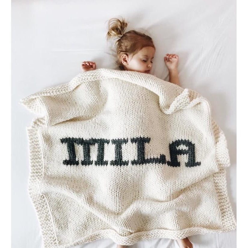 Cream blanket dark gray name LovingYarn